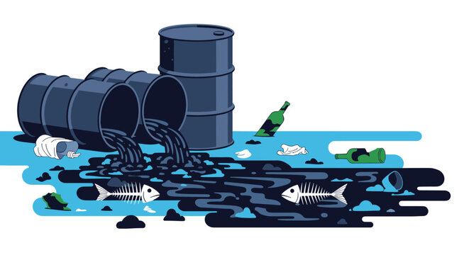 Environmental pollution scene showing industrial waste barrels leaking black oil into a body of water with dead fish and trash.