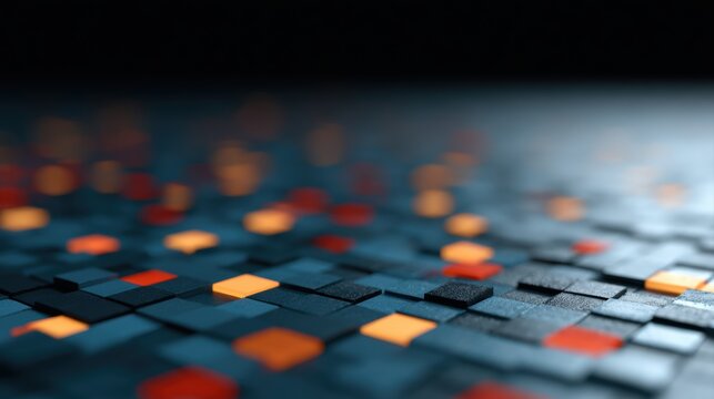 Colorful glowing square pixels on digital grid creating gaming and technology inspired background