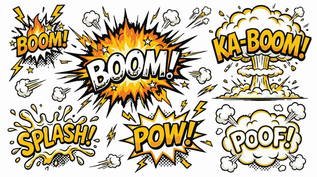Comic book style explosion effects with onomatopoeia words like boom, pow and ka-boom in bold yellow and orange