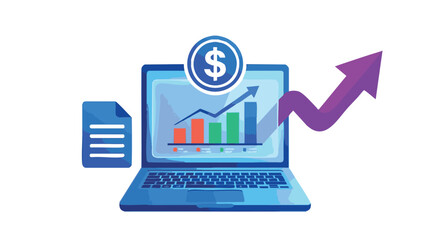 Fototapeta premium Laptop with bar graph and financial growth chart on screen