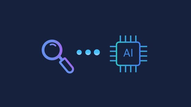 Animated motion graphics showing a magnifying glass icon connecting to an AI processor chip. Concept of artificial intelligence search, deep learning data discovery, and automated analysis.