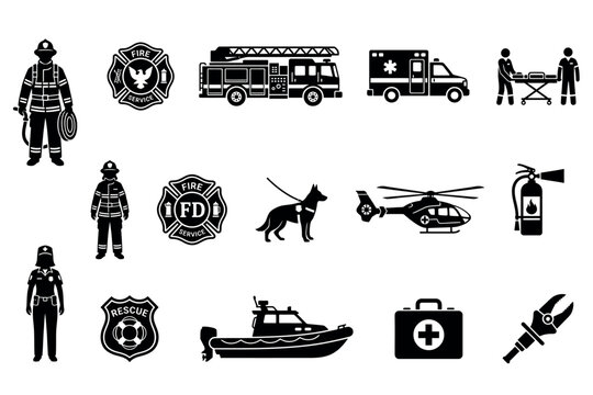 Firefighter and emergency rescue department service silhouette icon elements set isolated on white background