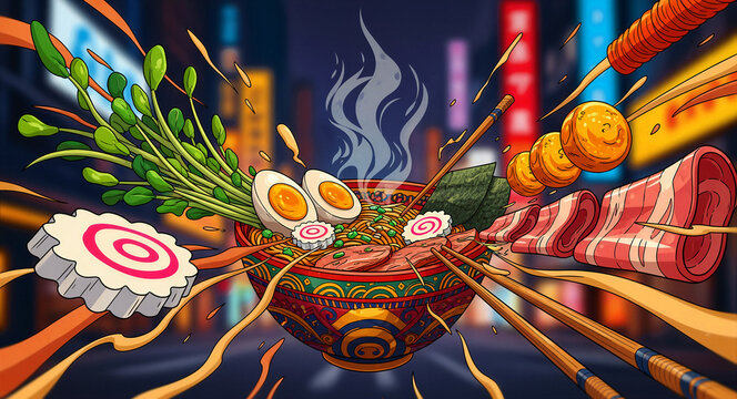 Ramen bowl explosion with noodles and ingredients flying over a neon city street. Vibrant anime illustration of Japanese soup with eggs and pork. Dynamic Asian food marketing art.