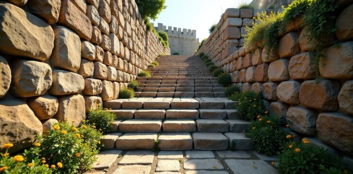 Descending stone steps within ancient fortification walls , tunnel, ancient