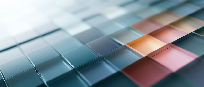 Gradient geometric shapes moving diagonally beneath glossy transparent glass tile grid