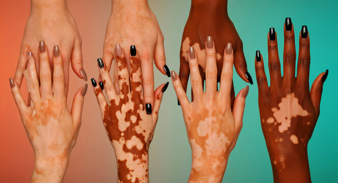 Diverse hands with vitiligo skin condition against a gradient background. Manicured nails on various skin tones showing pigmentation loss. Body positivity and inclusivity for beauty marketing.