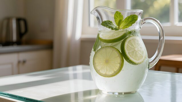 Bright kitchen scene with a glass pitcher of lime infused water garnished with fresh mint leaves. Refreshing homemade beverage for hydration and healthy living.