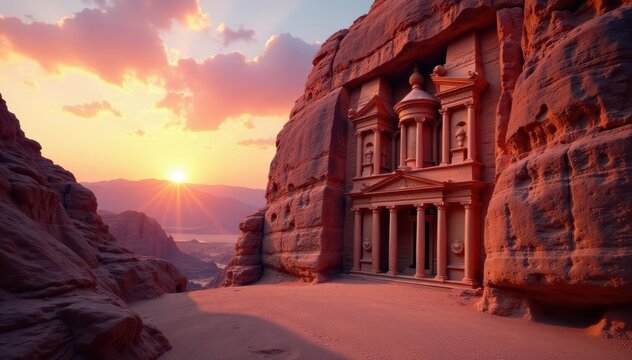 Desert canyon with intricately carved treasury facade at sunset, Sunset, Carvings