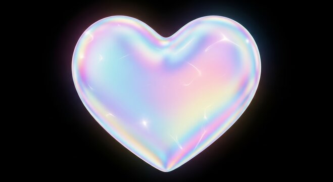 Iridescent 3D heart shape with holographic texture isolated on black background. Glossy metallic sign of love, romance and passion. Abstract digital art element for Valentine day.