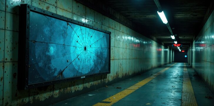 Desolate billboard with cracked screen in dimly lit subway station, dark, vacant