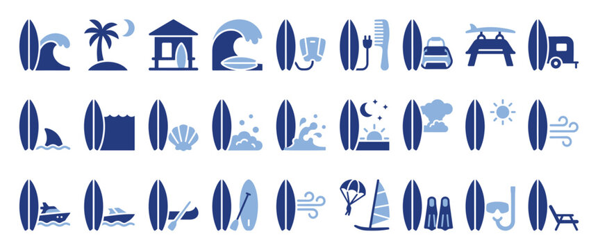 Set of surfing and beach lifestyle icons for water sports vacation travel branding applications