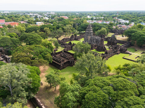 Drone shot the aerial view of Phimai Historical Park. the ancient stone temple Nakhon Ratchasima, Thailand