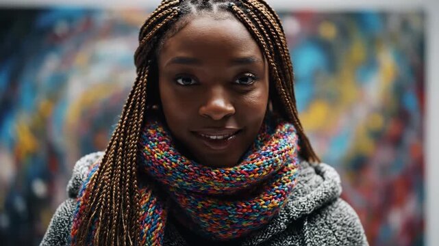 Portrait of a young Black woman with long brown braids wearing a textured gray hooded fleece jacket and a colorful multi-colored scarf against a blurred abstract art mural background.