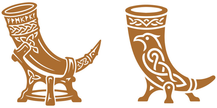 Drinking horn designs with celtic patterns and symbols.