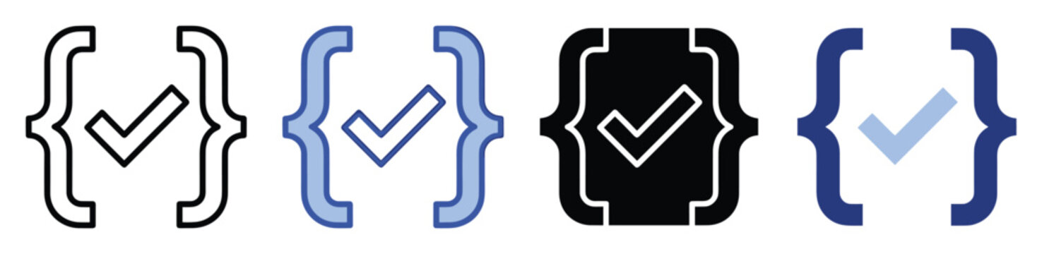 Set of curly braces checkmark icons representing code validation programming and success