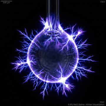 Corona Discharge of Zero Point Nine Percent Sodium Chloride Solution via Kirlian Photography illustrating Electrolyte Ionization Dynamics