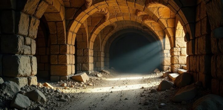 Dimly lit vaulted chamber with ancient stone walls and dusty catacomb debris, dark, dungeon