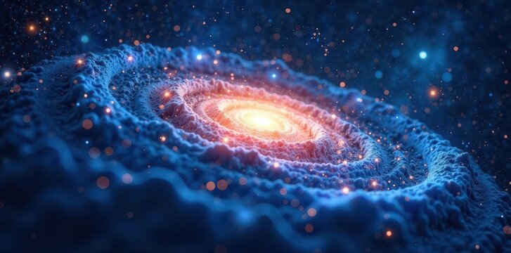Distant blue spiral galaxy with bright stars and swirling cosmic dust, interstellar gas, nebular landscape