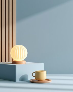 A minimalist scene featuring a glowing spherical lamp on a wooden base and a yellow cup on a wooden saucer against a soft blue background.