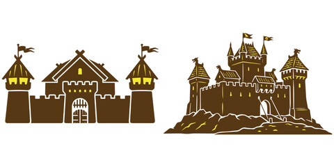 Stone castle buildings with towers and wooden gate walls. © md