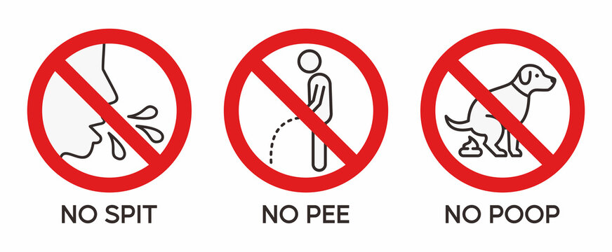 Warning sign No Spit, No Pee, and No Poop. Prohibition sign illustration set. 