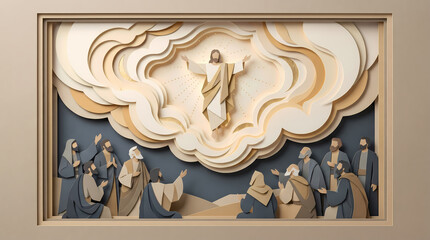 Elegant 3D layered paper-cut illustration of the Ascension of Jesus Christ with disciples on Ascension Day (Christi Himmelfahrt)