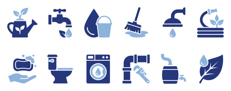 Set of water saving and utility icons for environmental projects and domestic applications