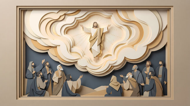 Elegant 3D layered paper-cut illustration of the Ascension of Jesus Christ with disciples on Ascension Day (Christi Himmelfahrt)