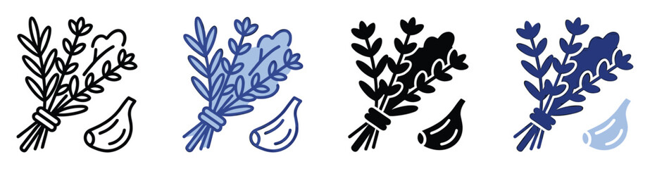 Set of fresh cooking herbs and garlic clove symbols for culinary applications © Maestro