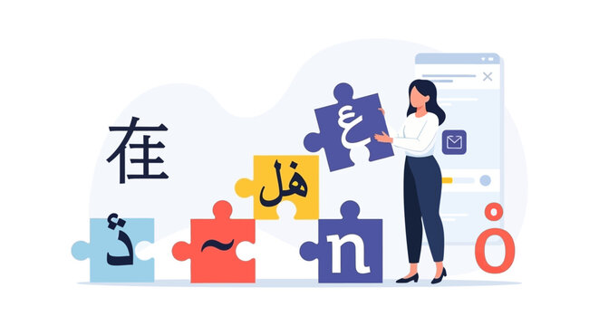 Woman assembling language puzzle educational concept illustration