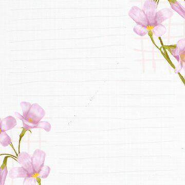 White textured notebook paper background with faint hand-drawn lines. Delicate pink floral accents and soft grid pattern on corners. Old vintage style scrapbook page, memo sheet or envelope design
