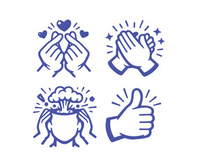 Fototapeta premium Minimalist hand gesture icon set, blue line art finger heart and clapping hands, mind blown and thumbs up vector illustrations for social media