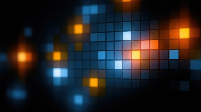 LED mosaic pixels displaying glowing orange and blue digital light patterns on dark background