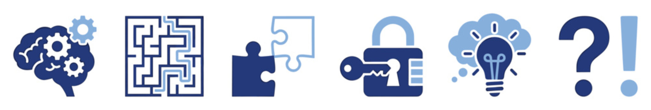Set of problem solving, logical thinking, idea generation, and solution icons for projects.