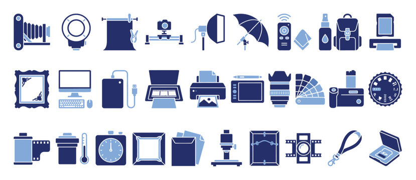Set of photography and darkroom equipment icons for graphic design projects