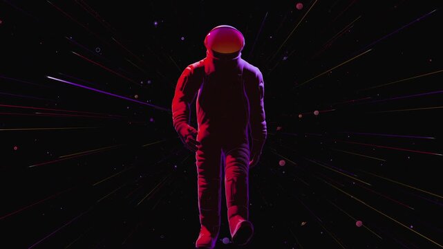 Cinematic 3D animation of an astronaut floating in outer space. Seamless VJ loop with neon purple lighting, planets, and flying stars. Futuristic cosmic journey for electronic music festivals.