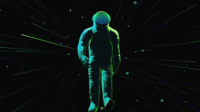 Cinematic 3D animation of an astronaut floating in outer space. Seamless VJ loop with neon purple lighting, planets, and flying stars. Futuristic cosmic journey for electronic music festivals.