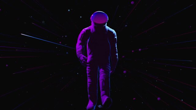 Cinematic 3D animation of an astronaut floating in outer space. Seamless VJ loop with neon purple lighting, planets, and flying stars. Futuristic cosmic journey for electronic music festivals.