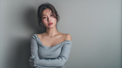 Obraz premium Young asian woman portrait soft light gray wall candid beauty studio headshot