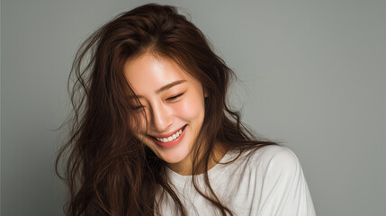 Fototapeta premium Asian woman portrait smiling brunette female close up beauty shot gray background white shirt candid pose long hair natural light