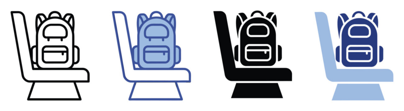 Set of travel backpack on a chair icons for transportation, school, or personal luggage applications