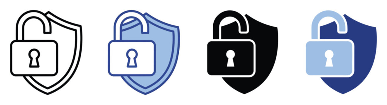 Set of open padlock shield icons symbolizing unlocked cyber security data vulnerability.
