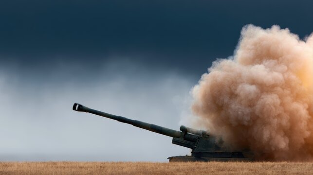 Artillery howitzer firing in open field with smoke explosion, military combat environment, dark cloudy war atmosphere