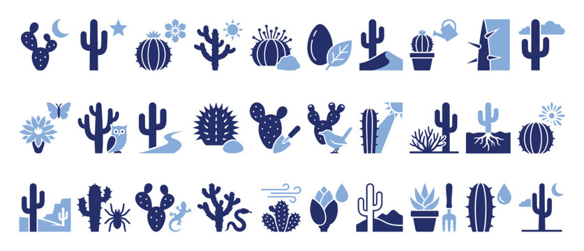 Set of cactus icons portraying desert plants and animals for natural environment graphic design