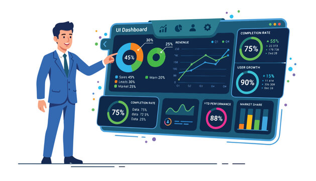 A businessman presenting a modern UI dashboard with various data analytics and performance metrics.