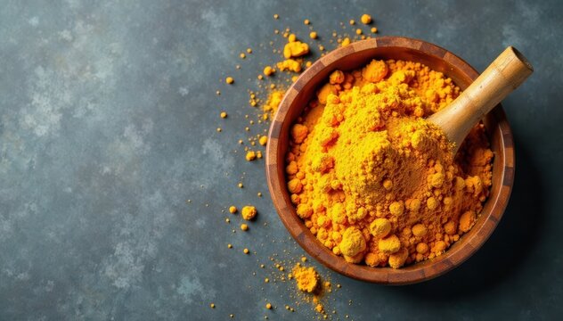 Dried turmeric root and turmeric powder in a wooden bowl on grey background, top view, ingredient, spice
