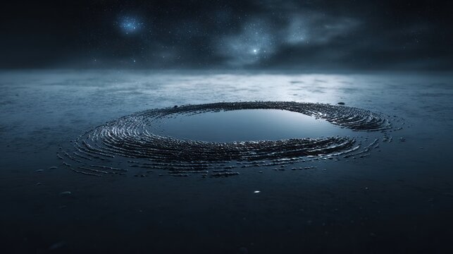 Circular water feature with ripple effects and atmospheric lighting