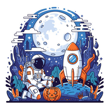 Astronaut Carving Halloween Pumpkin on Moon with Rocket Ship and Stars Vector Illustration