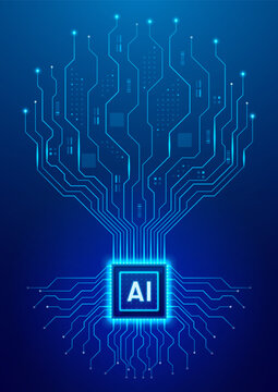 Concept visualization of AI microchip. Glowing AI semiconductor chip with circuit lines form silhouette of digital tree. Artificial intelligence processor and data visualization. Vector illustration.
