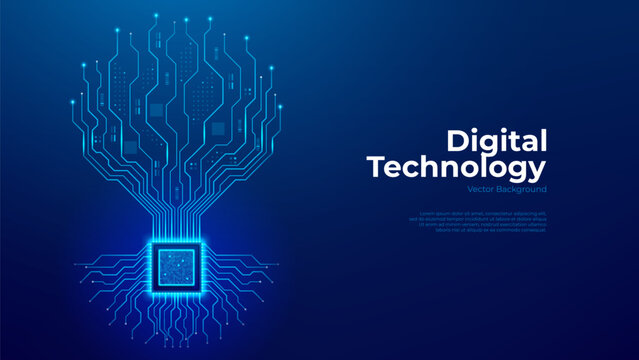 Futuristic visualization of microprocessor concept. Glowing semiconductor chip with circuit lines form silhouette of digital tree. Micro processor and data visualization. Vector illustration.